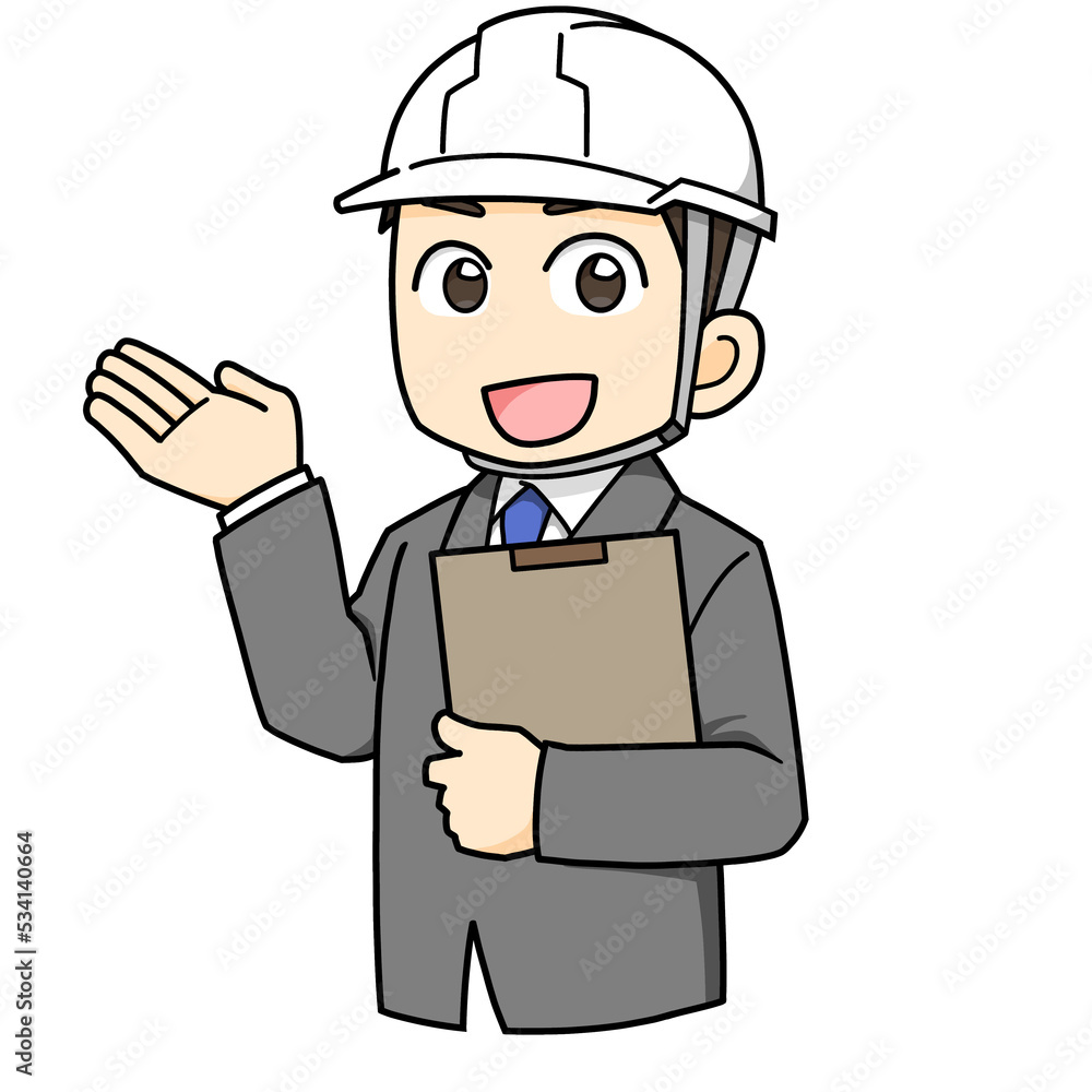 案内する　男性　ヘルメット　バインダー　スーツ　ビジネス　ミニキャラ　イラスト