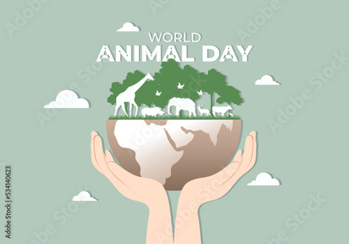 World animal day with animal in forest earth on hand background celebrated on october 4.