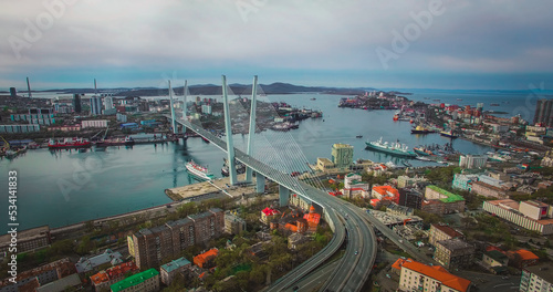 Aerial view of the panorama of Vladivostok overlooking the Golden bridge.