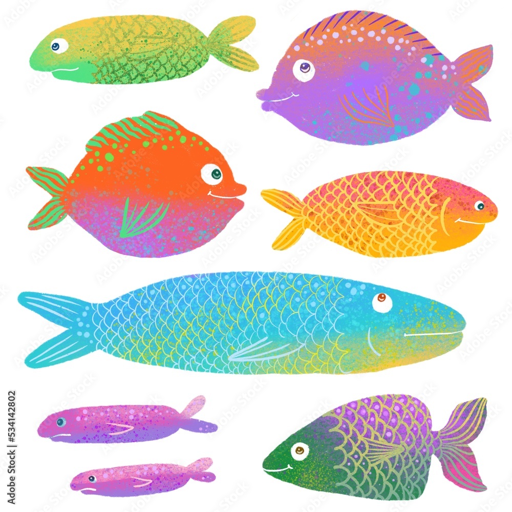Set of colorful fishes. Hand drawn undersea world. Colorful artistic background.