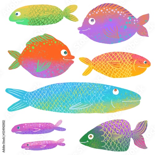 Set of colorful fishes. Hand drawn undersea world. Colorful artistic background.