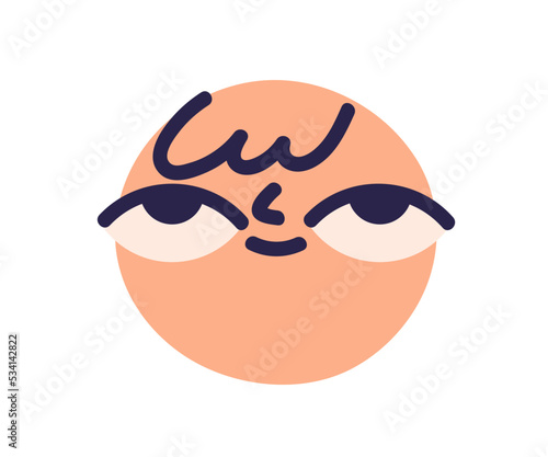 Cute face avatar with thinking, dreaming expression. Funny emoticon imagining, smiling. Happy emoji dreamer looking for with ideas, memories. Flat vector illustration isolated on white background