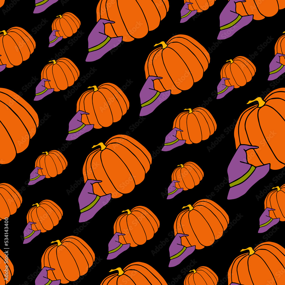 Autumn seamless pattern, square background, hand drawn pumpkins