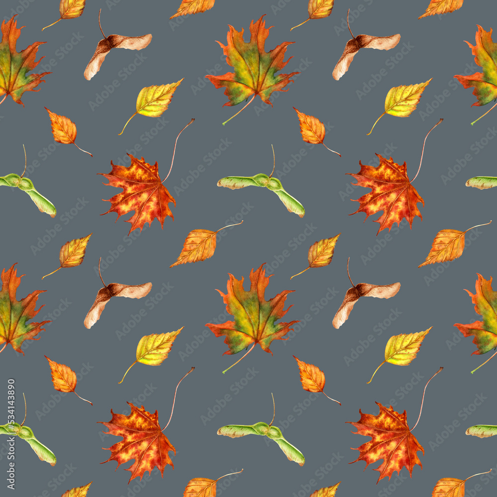 Fototapeta premium Watercolor seamless pattern with colorful autumn leaves and seeds.