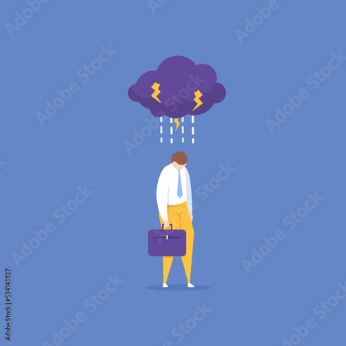 business is in trouble. risk and no luck. a businessman is depressed because of a thunderstorm and rain. people are depressed and stressed because of work and mental problems. concept illustration 