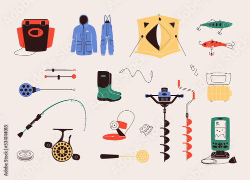 Flat design vector illustration of winter ice fishing gears. Set includes icons of rod, lure, shelter, clothing, reel, auger, sonar and accessories.