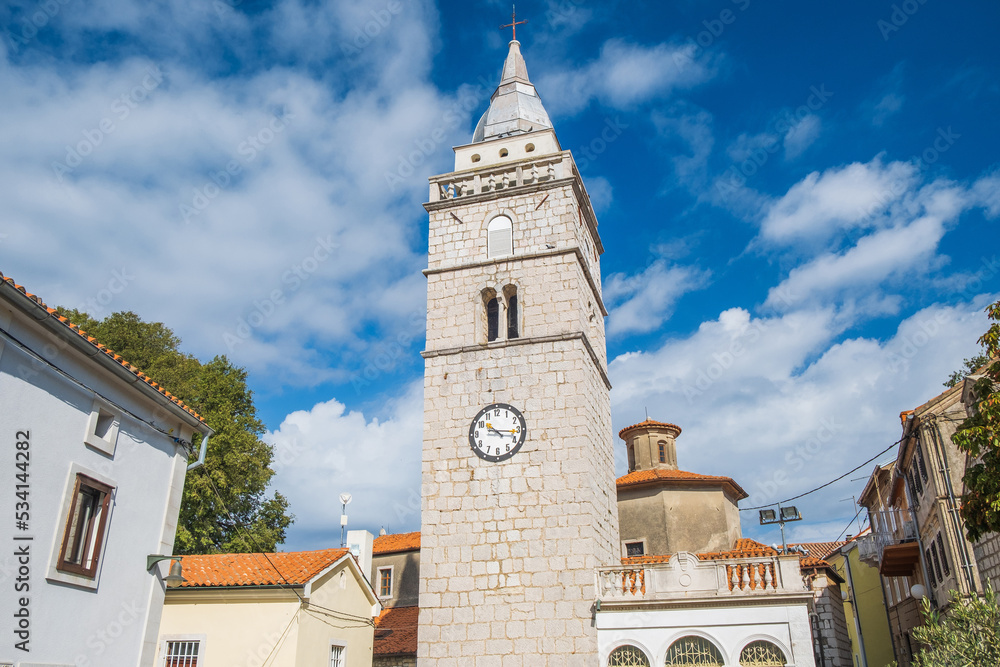 Bell tower of the church of Assumption of the Blessed Virgin Mary in Omisalj, Croatia