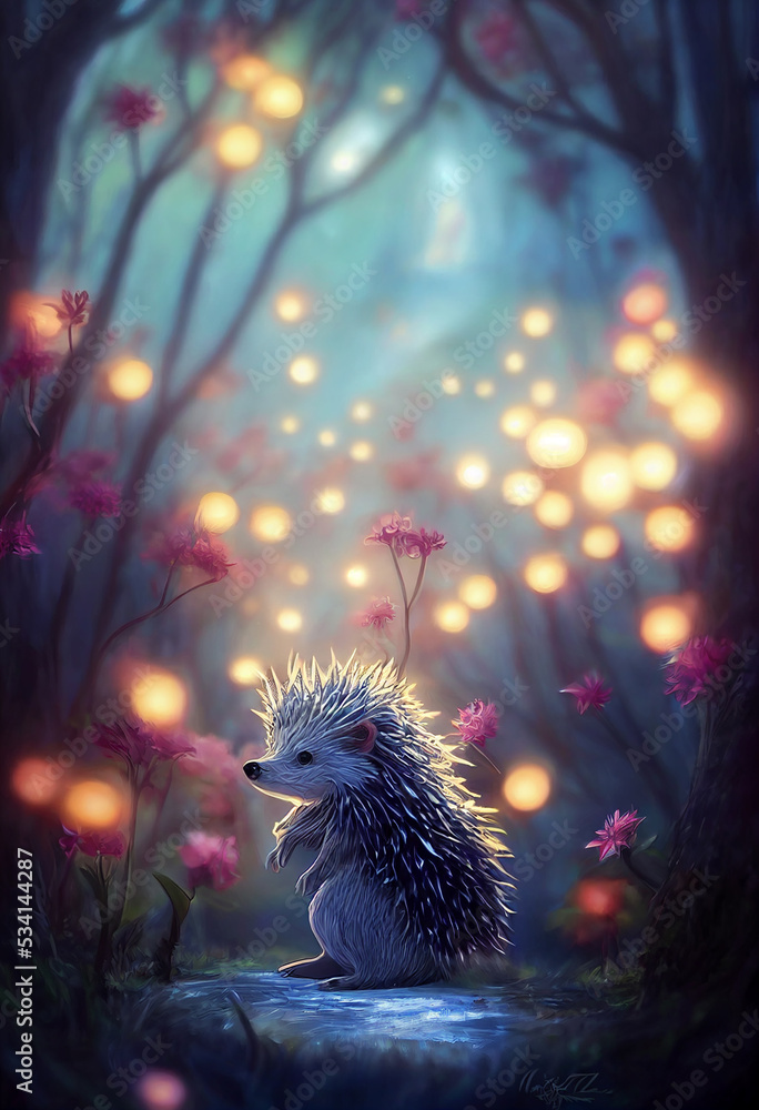 Obraz premium Beautiful fantasy hedgehog in sparkling forest enviroment. Digital art.