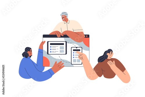 Team presenting interface design, digital project. Business presentation of website, app. Designers, developers and online web product. Flat graphic vector illustration isolated on white background