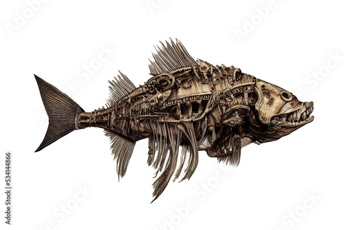 Mechanical steampunk fish. Fantastic marine monster. Digital illustration. Isolated on white background.