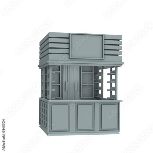 3D RENDER ILLUSTRATION. Sample idea model outdoor food drink booth kiosk. Small business street food stall market or Product exhibition fair counter concept design on isolated png blank background.