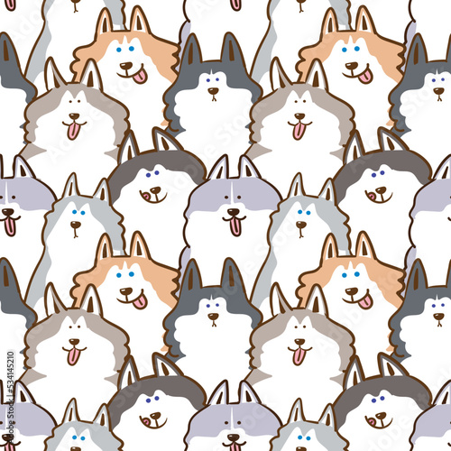 Seamless Pattern of Cartoon Siberian Husky Dog Illustration Design