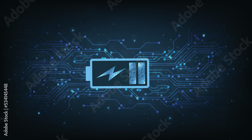 Energy Concept. Battery Icon on electric circuit digital background. Futuristic battery quick charging power source concept.