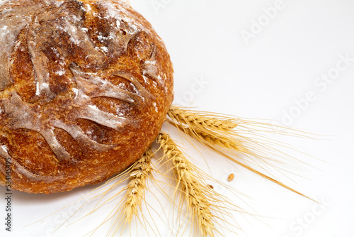Baked bread and wheat. White background.