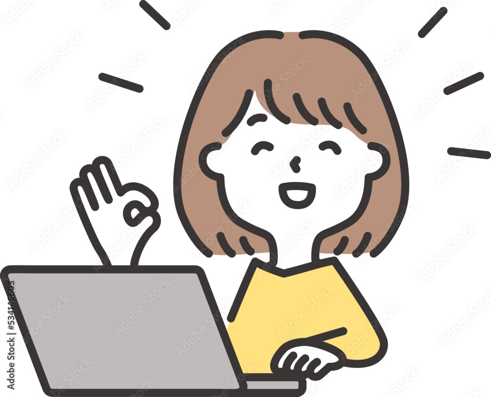 パソコンを操作しながらオッケーサインをしてる女性のイラスト パソコンを操作しながらオッケーサインをしてる女性のイラスト