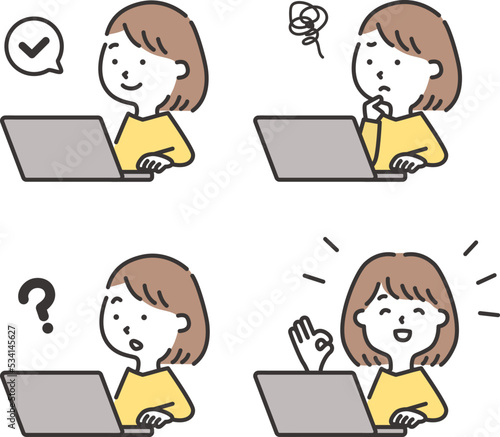 パソコンを操作する女性のイラスト素材セット