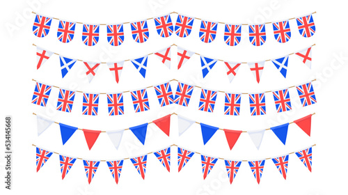 UK flag garlands set. Union Jack pennants chain collection. British party bunting decoration. Great Britain flags for celebration. Footer and banner background.