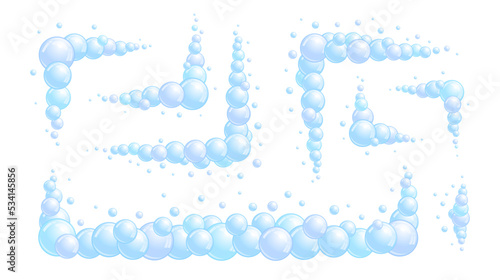 Soap bubble dividers set. Different foam decoration elements collection. Blue suds clouds borders. Vector