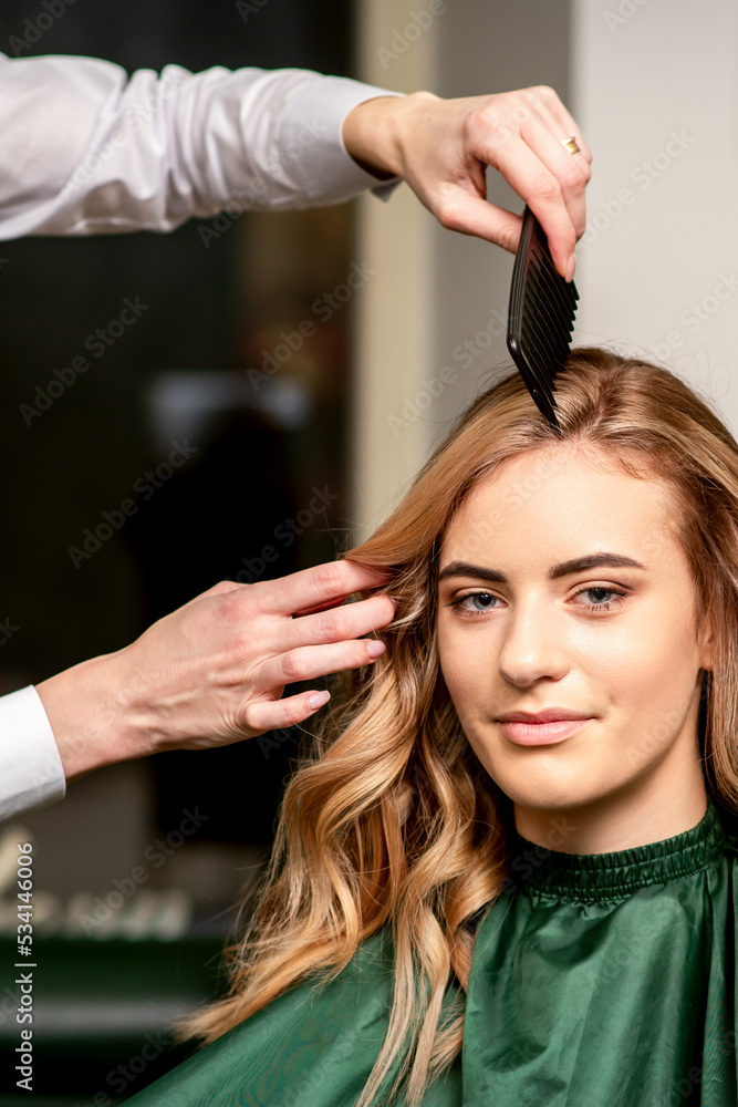 Fototapeta premium Hairdresser combing long hair of young caucasian woman looking at the camera and smiling in beauty salon