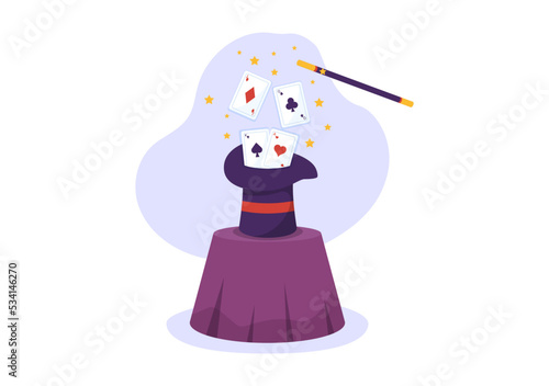 Magician Illusionist Conjuring Tricks and Waving a Magic Wand above his Mysterious Hat on a Stage in Template Hand Drawn Cartoon Flat Illustration