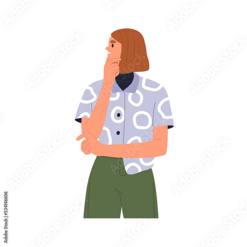 Woman thinking, wondering, pondering. Young curious puzzled girl in thoughts. Thoughtful reflective pensive female character. Flat vector illustration isolated on white background