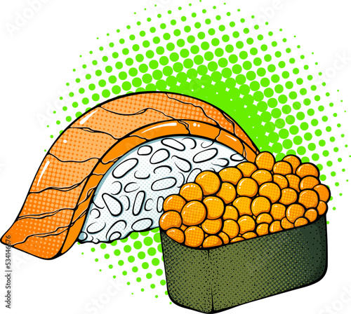 Nigiri and ikura sushi with salmon illustration. Asian food close up. Vector bright colored halftone print in Pop Art style with space for text. Retro cartoon comic style. Design for sticker, poster.