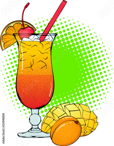 Tequila Sunrise cocktail with fruits illustration. Classic tropical alcoholic drink close up. Vector colored halftone print in Pop Art style. Retro cartoon comic style. Design for sticker, poster.