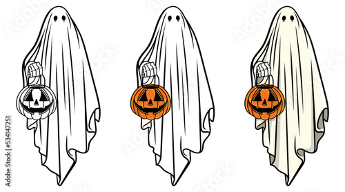 Halloween ghost with pumpkin, Cute cartoon spooky character, Happy Halloween party, Vector illustration for posters, Cartoon Halloween pumpkin, Cute ghost isolated, Vector Halloween concept,