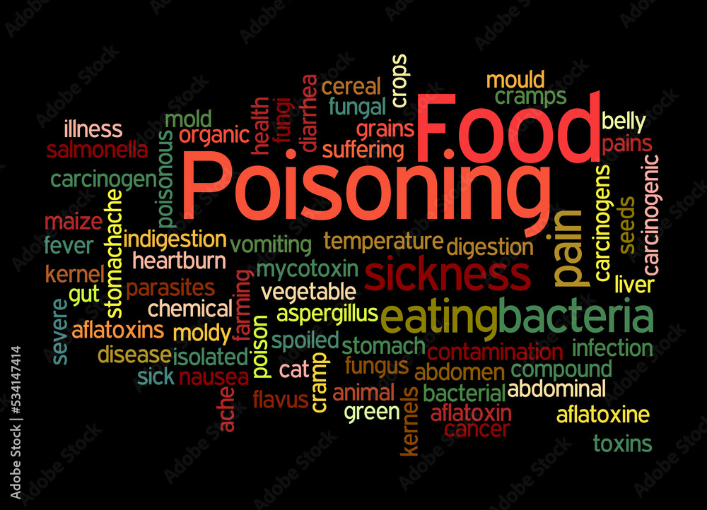 Word Cloud with FOOD POISONING concept, isolated on a black background Word Cloud with FOOD POISONING concept, isolated on a black background