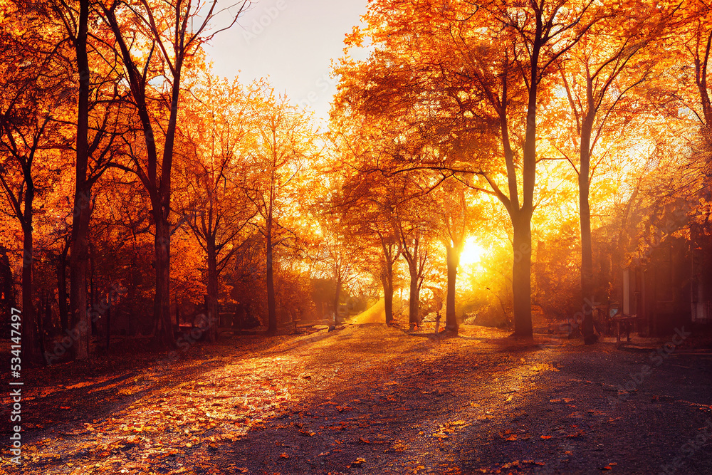 Fototapeta premium 3d illustration of warm sunrays shining through the autumn forest.