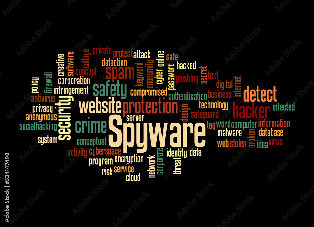 Word Cloud with SPYWARE concept, isolated on a black background Word Cloud with SPYWARE concept, isolated on a black background