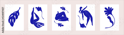 Modern posters with Matisse women body silhouette and plants, leaf. Interior vertical wall art with abstract naked girls and floral shapes. Minimal artworks set. Colored flat vector illustrations
