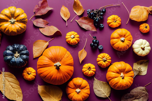 3d illustration of rectangular flat lay of pumpkins and berries and autumn