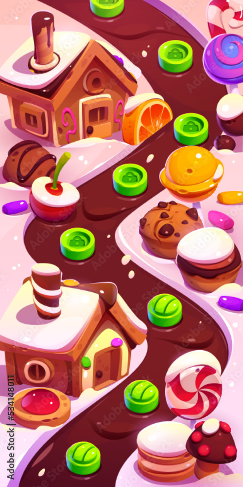 Candy land mobile game map, cartoon illustration. Magic sweet town with  cookie houses, chocolate river, muffin and lollipop decorations. Open and  locked level platforms. Vector gui background design Stock Vector | Adobe
