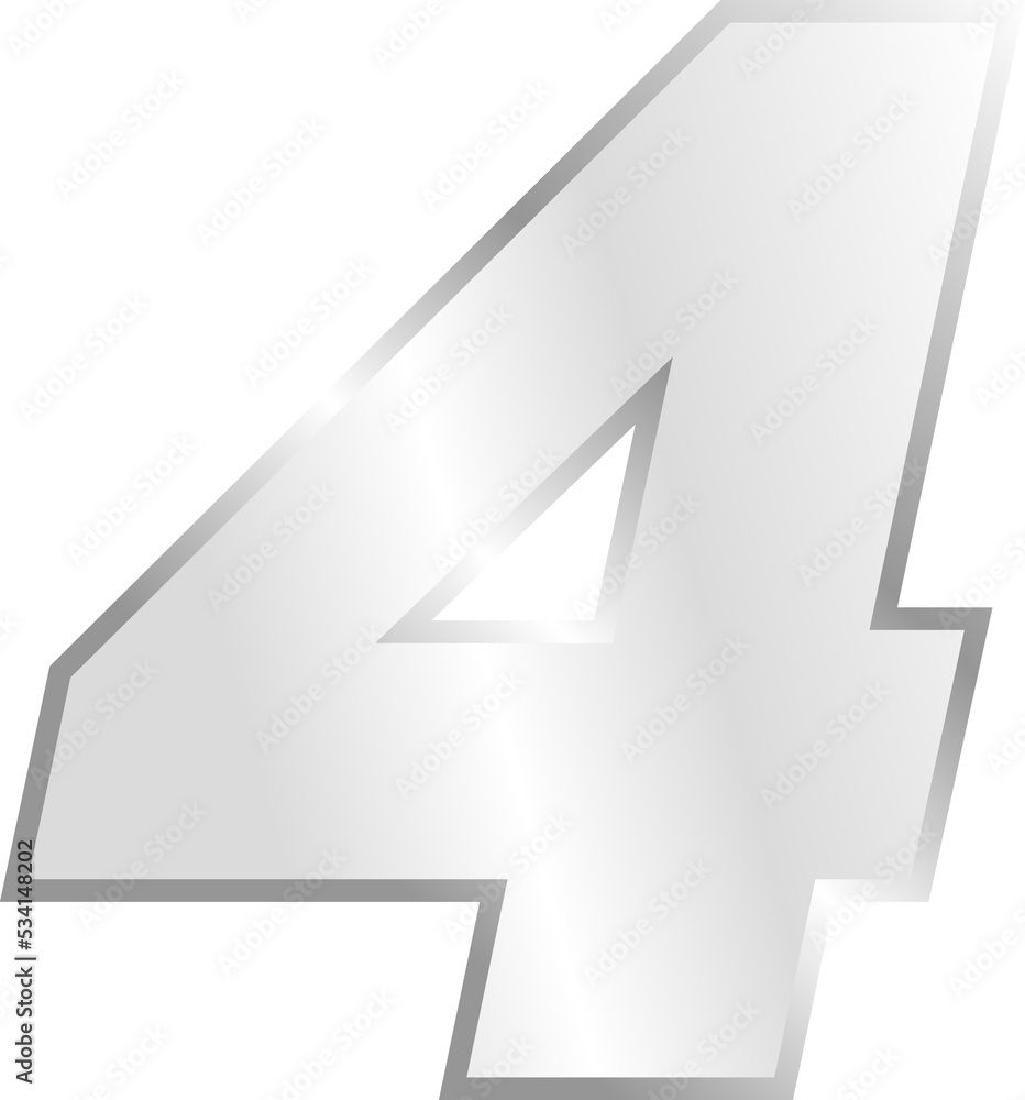 letter number 4 silver, sticker number, silver metallic font letter number 4 silver, sticker number, silver metallic font
