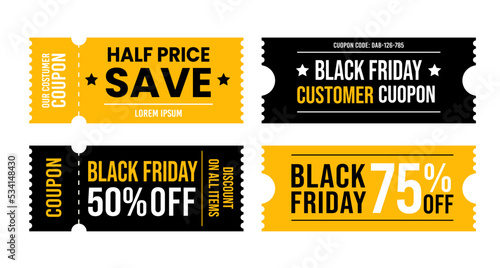 Set of Black friday sale tickets template. Black and orange coupons with a great deal. Vector illustration isolated on white background