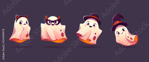 Cute ghosts, cartoon Halloween characters set. Funny kawaii spooks creatures wear different hats and headwear. Spooky smiling spirits, adorable fantasy monsters, phantom personages Vector illustration