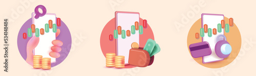 3D vector stock trading graph on phone  internet market on background. Sell and buy minimal icon wallet investment concept finance business crypto investing