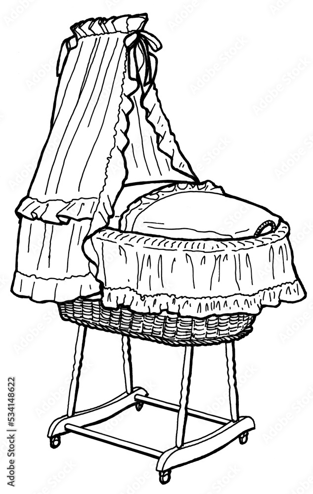 Black and white illustration of a cradle in line technique Stock
