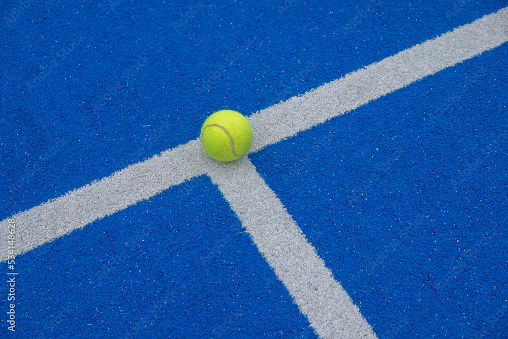 a ball on the line on a blue paddle tennis court