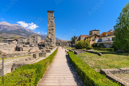 Aosta, Italy. View of the archaeological area of the ruins of the ancient Roman Theater. April 17, 2022.
