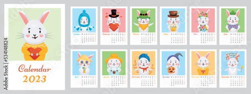 2023 year calendar with Cute Gray rabbit. Cover and 12 months vector printable template A5 format. Bunny in hats mascot of the year by season.