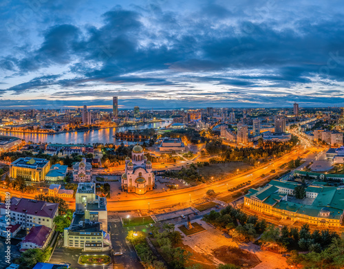 Ekaterinburg, Russia. Temple on the Blood. Night city in the early spring or summer. Aerial view