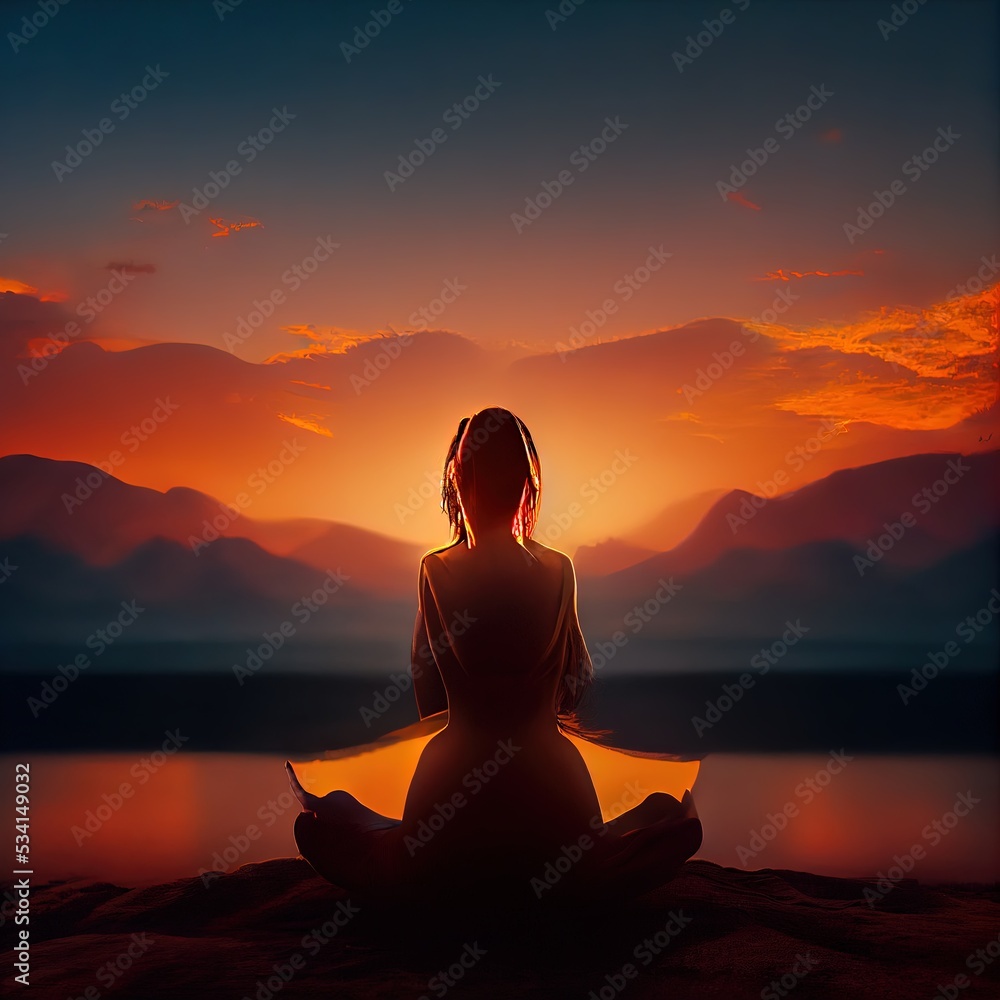 Silhouette of a woman practicing yoga (meditation) at sunset near a lake. Ai generated image