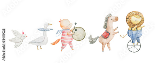 Cute circus cartoon vector illustration. Watercolor illustrations on a posters and banners for a circus shows, animal, magician, character,  juggling,  and circus motives. Childish illustration

