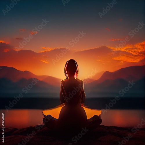 Silhouette of a woman practicing yoga (meditation) at sunset near a lake. Ai generated image