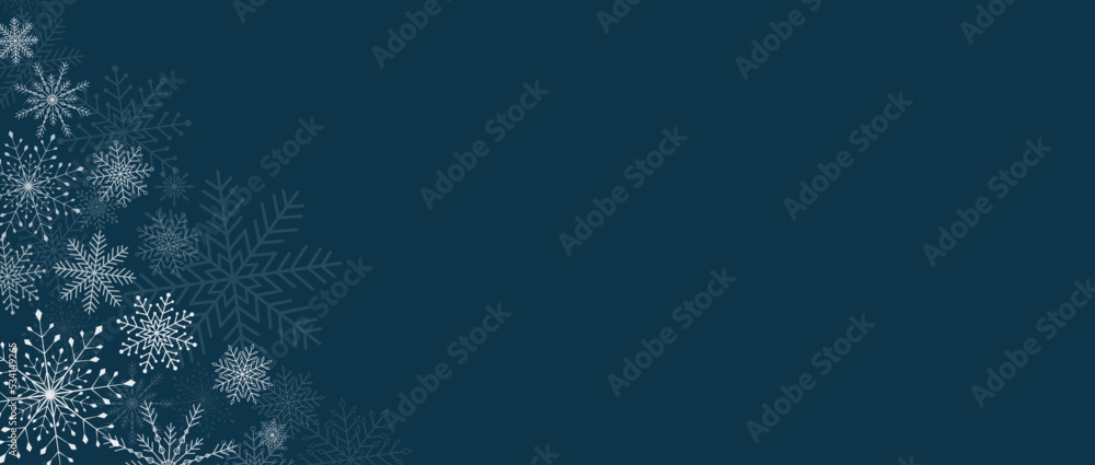 Winter navy blue background with snowflakes. Silver snowflakes on dark background. Luxury vector snowflakes scattered horizontal banner for sale, social media, online party. Copy space for your text. Winter navy blue background with snowflakes. Silver snowflakes on dark background. Luxury vector snowflakes scattered horizontal banner for sale, social media, online party. Copy space for your text.