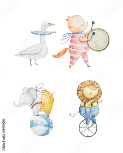 Cute circus cartoon vector illustration. Watercolor illustrations on a posters and banners for a circus shows, animal, magician, character,  juggling,  and circus motives. Childish illustration
