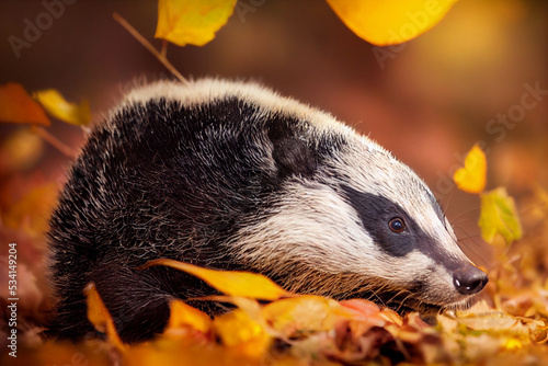 Cute badger in autumn leaves, digital art