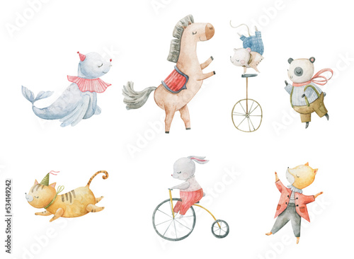 Cute circus cartoon vector illustration. Watercolor illustrations on a posters and banners for a circus shows, animal, magician, character,  juggling,  and circus motives. Childish illustration
